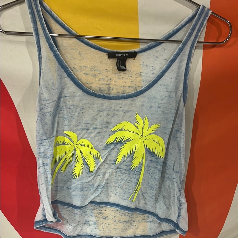 Forever 21 Blue and Yellow Palm Tree Tank Top-sheer-S